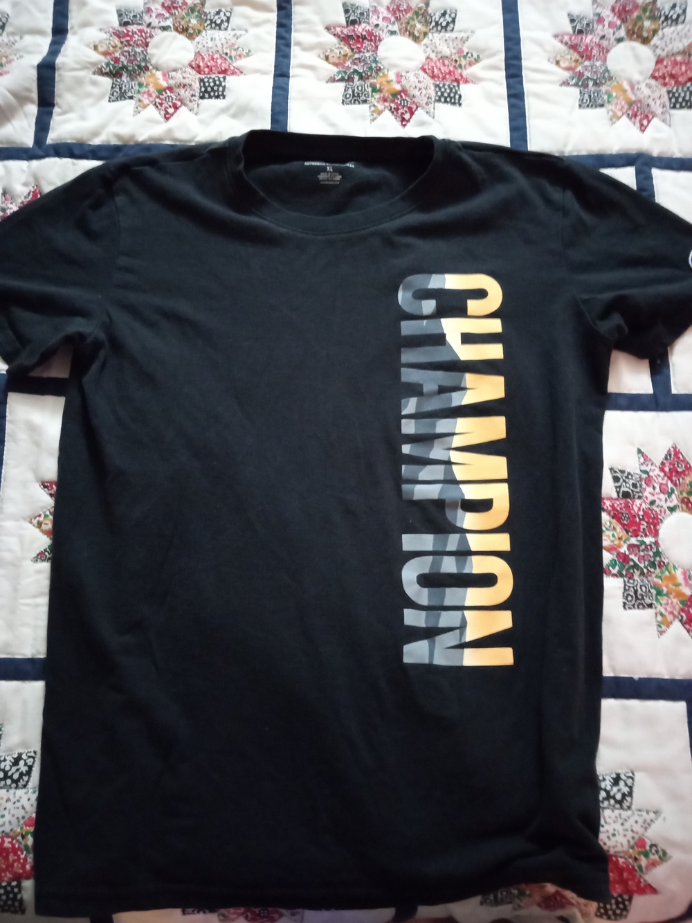 Champion Black Short-Sleeve Tee with Vertical Gradient Logo